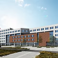 Modern Multi Storey Office Building With Red Brick And White Facade Landscaped Square And Greenery