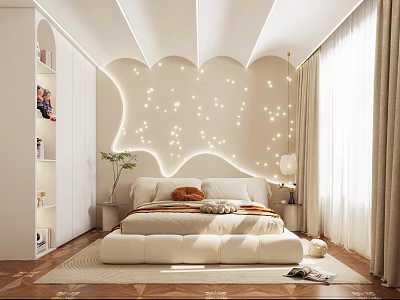 Cozy Kids Room With Star Lights Curved Wall Design And White Furniture 3d model