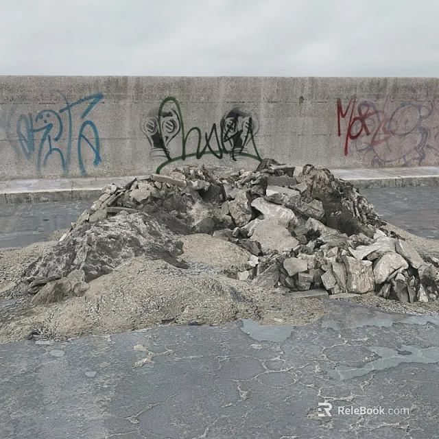 Pile of Stones and Wood Construction Materials Against Graffiti Wall Background 3d model 