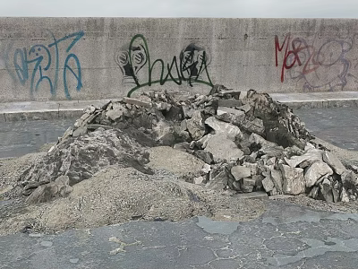 Pile of Stones and Wood Construction Materials Against Graffiti Wall Background 3d model