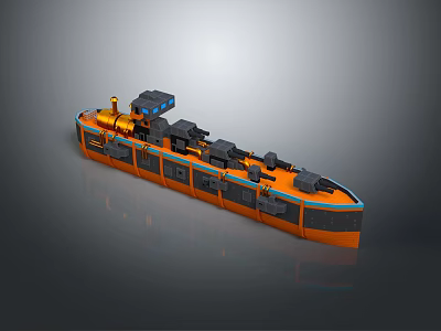 Orange Black Ship With Multiple Black Cannons And Deck Structures For Water Transport 3d model