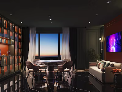 Luxury Hotel Chess Room Interior With Round Table Chairs Sofa And City View Window 3d model