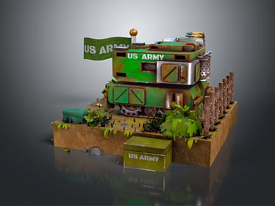 Cartoon Scene Featuring US Army Tank with Flag Wooden Crates Plants and Fences 3d model
