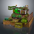 Cartoon Scene Featuring US Army Tank with Flag Wooden Crates Plants and Fences