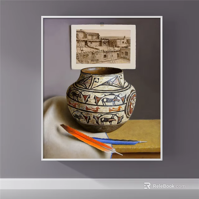 Traditional Decorative Pottery Jar With Animal Patterns And Feathers Near Vintage 3d model 