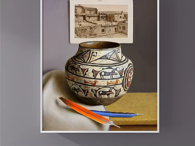 Traditional Decorative Pottery Jar With Animal Patterns And Feathers Near Vintage 3d model