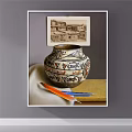 Traditional Decorative Pottery Jar With Animal Patterns And Feathers Near Vintage