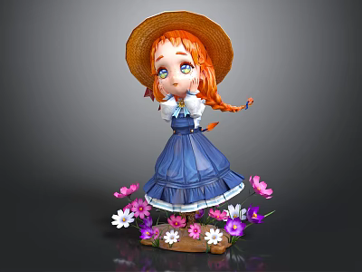 Cute Red Hair Girl In Straw Hat And Blue Dress Among Pink White Purple Flowers 3d model
