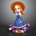 Cute Red Hair Girl In Straw Hat And Blue Dress Among Pink White Purple Flowers