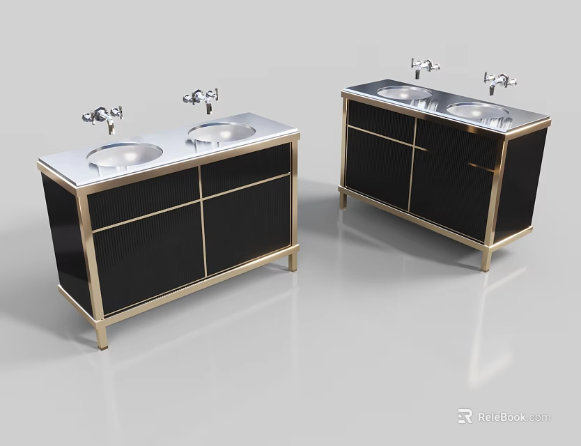 Modern Double Sink Washbasin Vanities With Black Cabinets Gold Trim White Countertops And Silver Faucets 3d model 