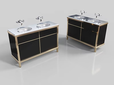 Modern Double Sink Washbasin Vanities With Black Cabinets Gold Trim White Countertops And Silver Faucets 3d model