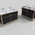 Modern Double Sink Washbasin Vanities With Black Cabinets Gold Trim White Countertops And Silver Faucets