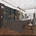 Modern Office Interior With Wooden Floor Desk Chair Green Plant And Decorative Paintings