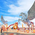 Art Installation Featuring Pegasus Statues With Large Wings Decorative Steps And Traditional Lanterns
