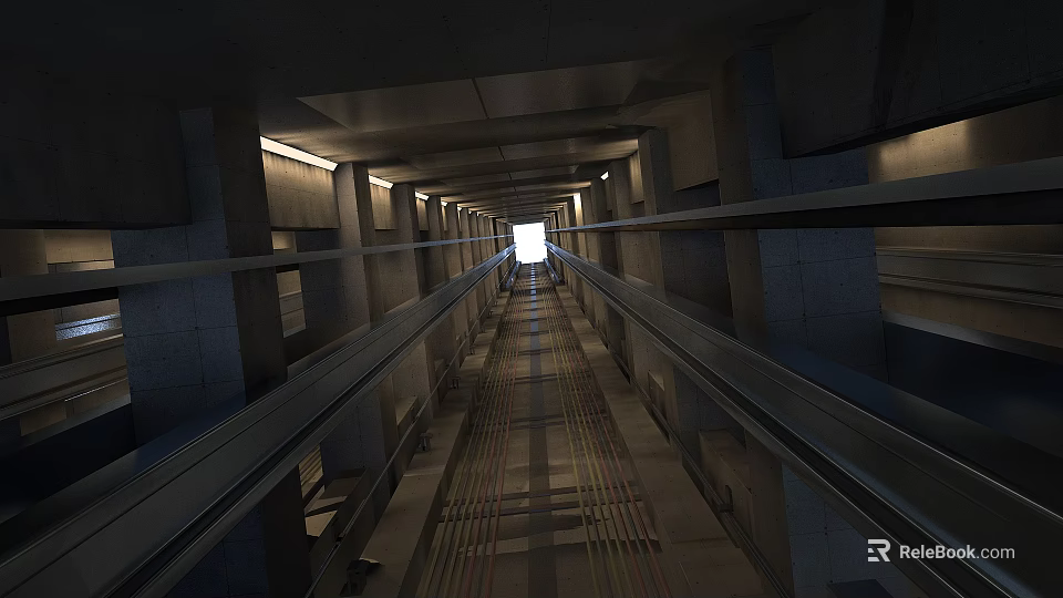 Elevator Passageway With Gray Walls Ceiling Lights And Striped Floor Leading To Distant Bright Exit 3d model