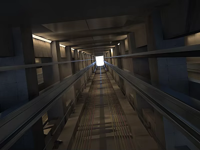 Elevator Passageway With Gray Walls Ceiling Lights And Striped Floor Leading To Distant Bright Exit 3d model