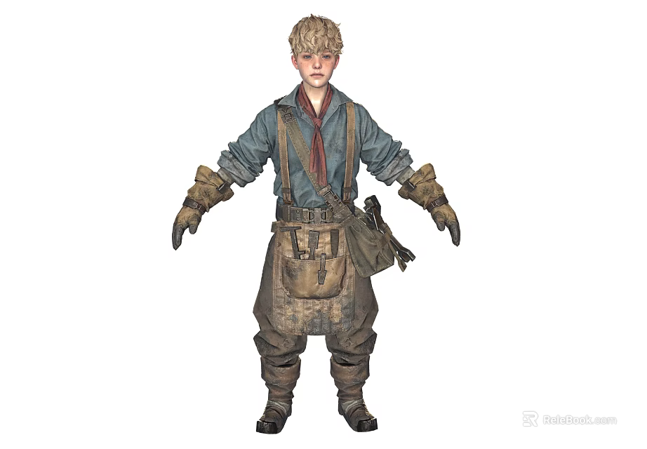 Blonde Boy Wearing Blue Shirt Brown Suspenders Leather Gloves And Pocketed Apron With Brown Boots 3d model 
