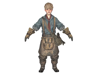 Blonde Boy Wearing Blue Shirt Brown Suspenders Leather Gloves And Pocketed Apron With Brown Boots 3d model