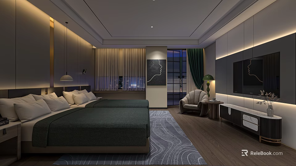 Modern Hotel Guest Room With Large Bed Dark Green Bedspread Accent Chair And Patterned Rug 3d model 