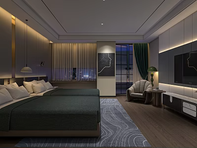 Modern Hotel Guest Room With Large Bed Dark Green Bedspread Accent Chair And Patterned Rug 3d model