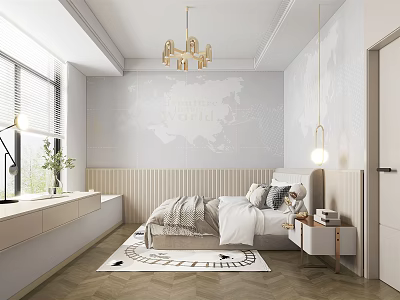 Kids Room Interior With World Map Wall Bed Pillows Chandelier Area Rug And Window Plants 3d model