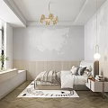 Kids Room Interior With World Map Wall Bed Pillows Chandelier Area Rug And Window Plants