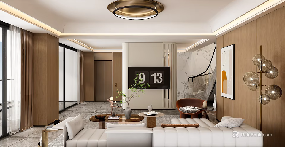 Modern Light Luxury Living Room Interior With Soft Sofa Wood Accents And Marble Finishes 3d model 