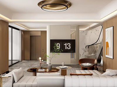 Modern Light Luxury Living Room Interior With Soft Sofa Wood Accents And Marble Finishes 3d model