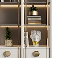 Modern Bookcase Interior With LED Lighting Decorative Sculptures Potted Plants And Stacked Books
