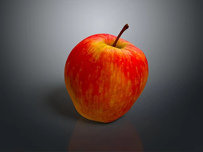 Fresh Red and Yellow Striped Apple With Stem on Dark Background Showing Reflection 3d model
