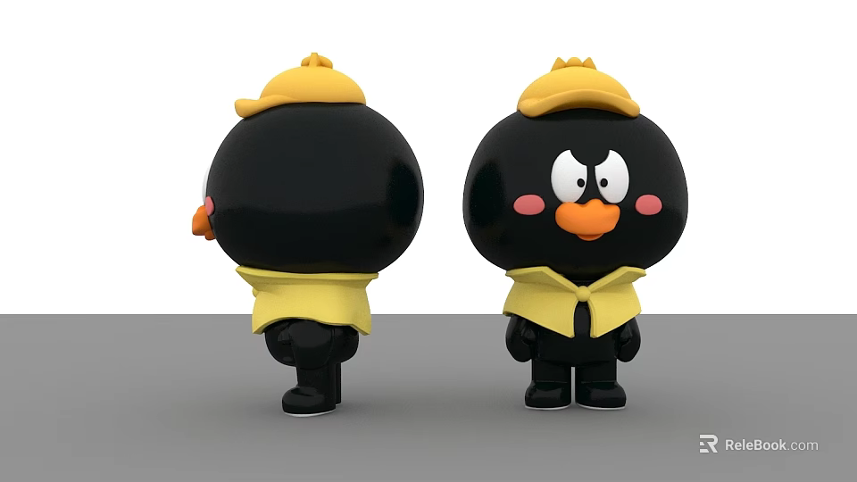 Cute Black Game Movie Character with Yellow Hat and Shirt Pink Cheeks from Two Angles 3d model 
