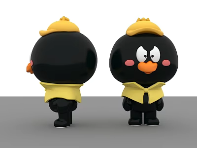 Cute Black Game Movie Character with Yellow Hat and Shirt Pink Cheeks from Two Angles 3d model
