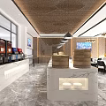 Modern Restaurant Interior With Marble Counter Food Displays Bread Baskets Large Windows And Pendant Lights