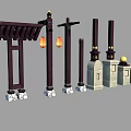 Outdoor Garden Ornaments Featuring Stone Pillars Wooden Lanterns and Decorative Arches