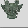 Ancient Bronze Landscape Sculpture With Mythical Face Large Eyes Fanged Mouth Curled Horns