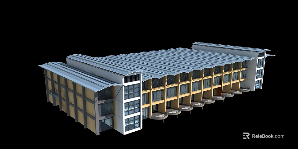 Multi Storey Commercial Complex With Blue Roof And Yellow Facade Circular Elements 3d model