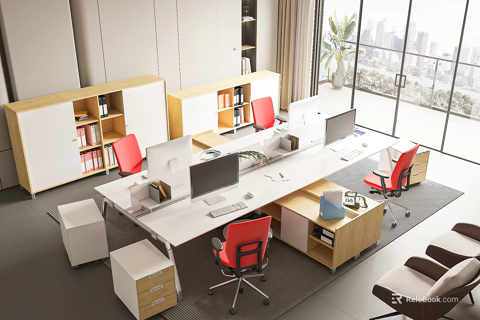 Modern Office Desk Setup With Red Chairs Computers And Bookshelves By City View Window 3d model 