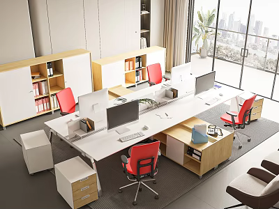Modern Office Desk Setup With Red Chairs Computers And Bookshelves By City View Window 3d model