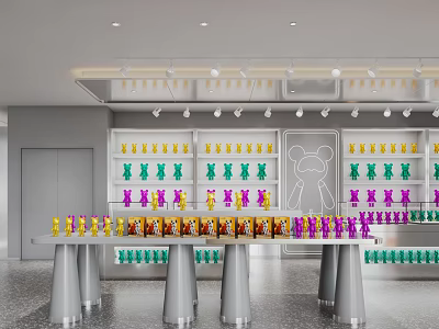 Modern Exhibition Hall Featuring Colorful Exhibits On Shelves And Display Tables 3d model