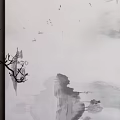 Chinese Ink Landscape Painting With Mountain Water Scenery Potted Pine And Decorative Screen