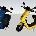 Blue And Yellow Modern Electric Motorcycles Parked On Gray Pavement With Blue Sky