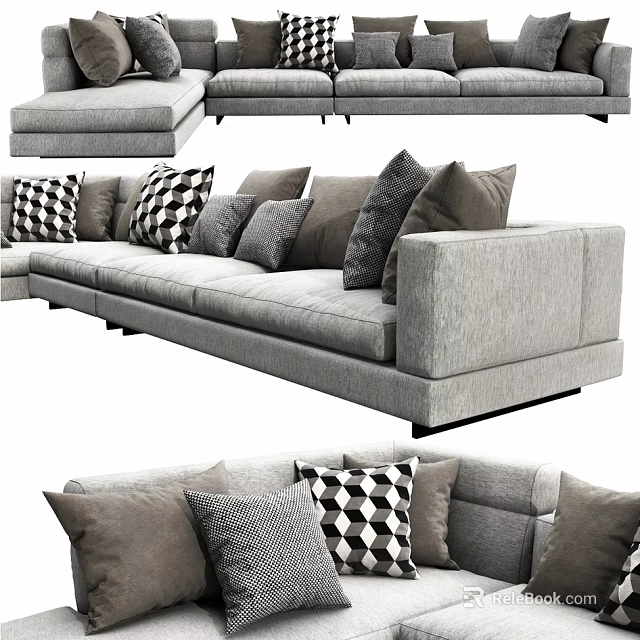Gray Fabric Sectional Sofa With Modern Design Plush Pillows And Geometric Checkered Patterns 3d model