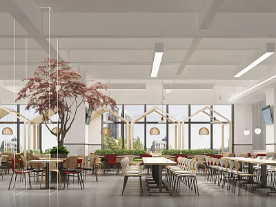 Modern Spacious Restaurant Interior With Large Tree Tables Chairs Windows Hanging Lamps And Green Plants 3d model