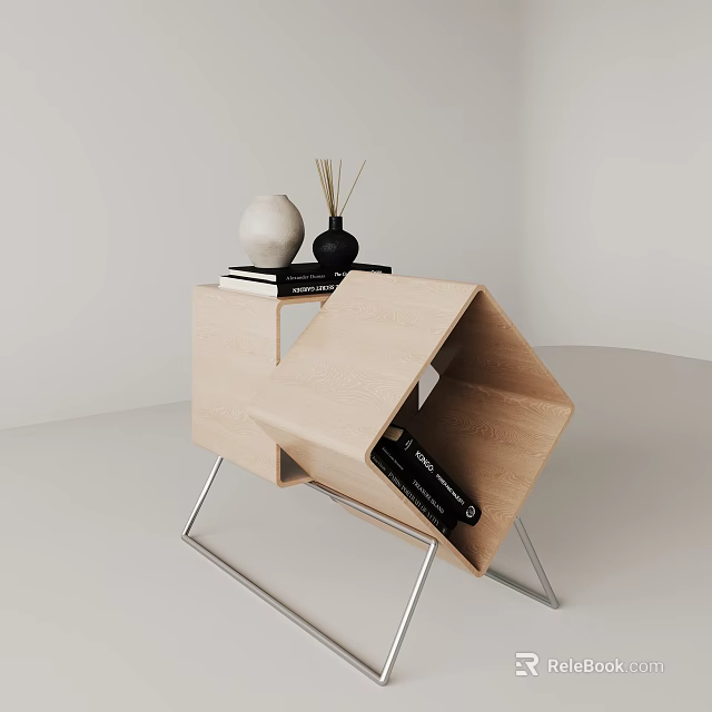 Modern Wooden Side Table with Metal Legs and Decorative Vase Diffuser and Books 3d model 