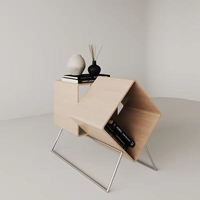 Modern Wooden Side Table with Metal Legs and Decorative Vase Diffuser and Books 3d model