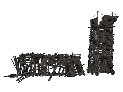 Wooden Art Structures Featuring Tall Wheeled Tower And Scattered Low Frame 3d model