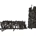 Wooden Art Structures Featuring Tall Wheeled Tower And Scattered Low Frame