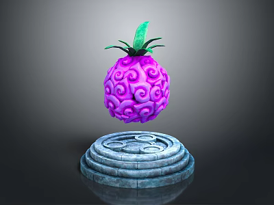 Purple Swirly Patterned Fruit With Green Leaves On Stone Pedestal Against Dark Background 3d model
