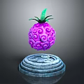 Purple Swirly Patterned Fruit With Green Leaves On Stone Pedestal Against Dark Background