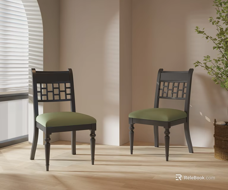Elegant Single Chair With Green Cushion And Lattice Back In Bright Indoor Setting 3d model 